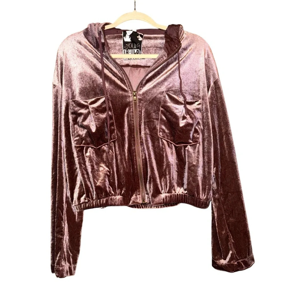 YOUNG FABULOUS & BROKE Fritzy Velvet Velour Zip Up Cropped Hoodie Sweatshirt M - Picture 4 of 15